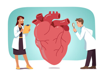 Doctors checking heart health. Cardiologist man and woman persons examine cardiovascular system in medical hospital. Cardiology research, health care, cardiac disease concept flat vector illustration