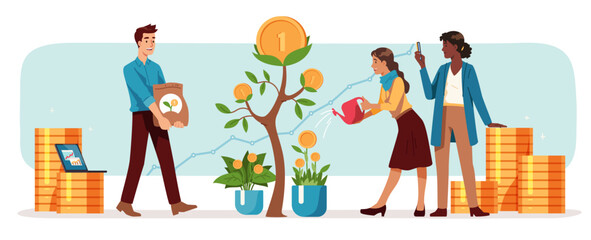 People growing money tree as investment concept. Business man, women watering coin tree investing money and getting income. Finance, banking, financial profit, wealth growth flat vector illustration