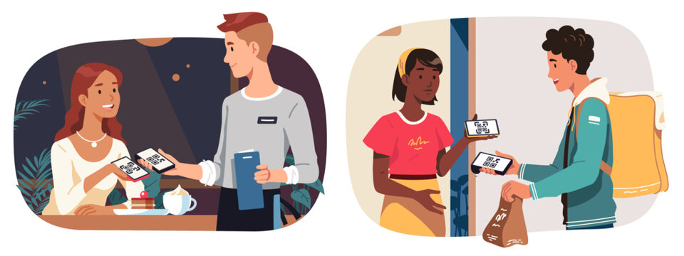 People scan QR code with smartphone for payment. Women persons paying for food delivery and order in restaurant set. Contactless wireless mobile phone payment transaction flat vector illustration