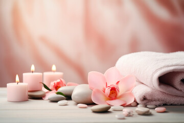 Fototapeta na wymiar Serene spa setting with soft pink towels displayed on a light pink marble background