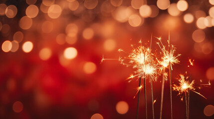 copy space, stockphoto, red christmas and new year`s eve bokeh background with sparkler lights. Festive background for New year or Christmas card, invitation card.