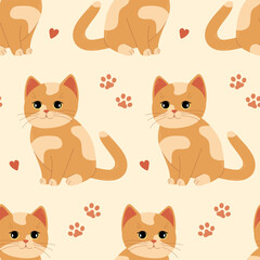 Seamless pattern with cute spotted orange cat, paw marks and hearts isolated on beige background. Vector flat illustration