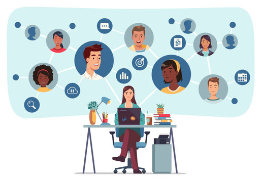 Personal and work connections network audit. Business networking skills. Online team communication, remote working office. Human resources manager person. Flat vector staff character illustration