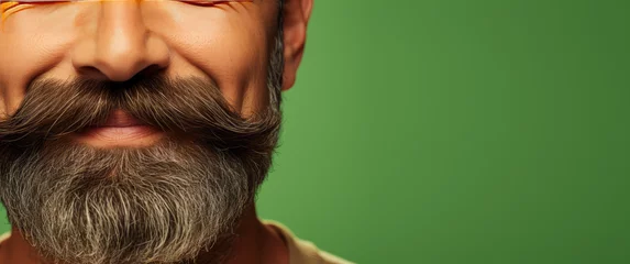 Fotobehang Close-up of male face with groomed stylish beard and mustache isolated on a colored background with copy space, barbershop banner template. © SnowElf
