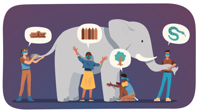 Elephant in dark room concept metaphor. Blind people different perceptions of elephant. Blindfold person touching examining animal having various ideas. Opinion diversity vector illustration