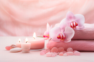 Serene spa setting with soft pink towels displayed on a light pink marble background