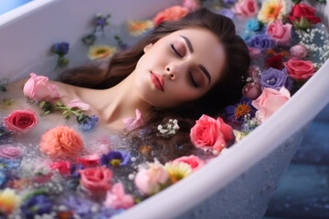 Obraz na płótnie Canvas Young woman relaxing in a spa bath with flowers around her