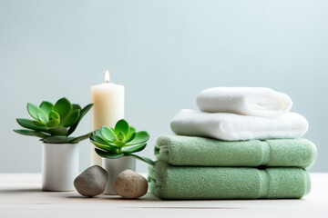 Fototapeta na wymiar A fresh spa setting with mint green towels rolled up on a white countertop
