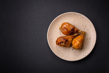 Delicious Asian dish with chicken legs in teriyaki sauce with salt and spices