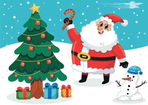 Christmas themed vector illustration featuring Santa Claus, Christmas tree and a snowman.