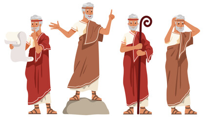Ancient Greek philosopher person character set. Wise senior cartoon man thinking hard, reading scroll, teaching in different poses. Philosophy, history, wisdom flat vector illustration - obrazy, fototapety, plakaty