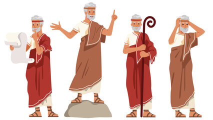 Ancient Greek philosopher person character set. Wise senior cartoon man thinking hard, reading scroll, teaching in different poses. Philosophy, history, wisdom flat vector illustration