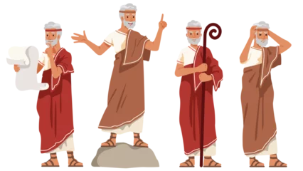 Fotobehang Ancient Greek philosopher person character set. Wise senior cartoon man thinking hard, reading scroll, teaching in different poses. Philosophy, history, wisdom flat vector illustration © iconicbestiary