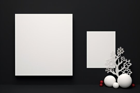White blank frame on black background for mock up with artsy Christmas tree with little ornaments