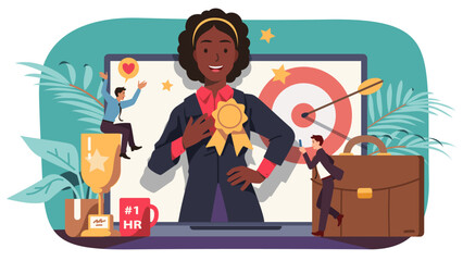Best employee business person recognition. Happy office worker woman with prize award for work success. Trophy reward for career achievement, reputation, honor concept flat vector illustration