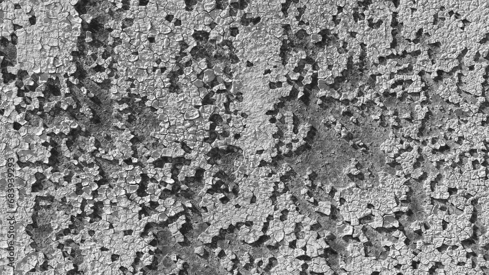 Poster old black and white wall with cracked paint as a textured abstract background for a page, template o