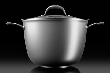 Stainless steel cooker with lid and chrome cookware on black background