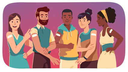 Happy people after vaccination. Vaccinated multiethnic immune men, women group showing arm shoulders after vaccine injection. Health care safety in pandemic flat vector illustration