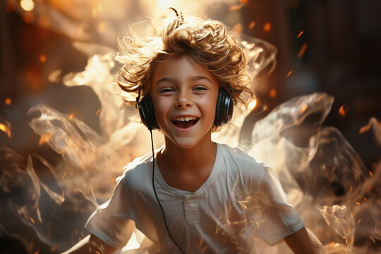 Full body of cheerful yoga middle age man in white dress with headphones smiling and jumping while listening to music against light heaven background, dream-like quality,  AI Generative