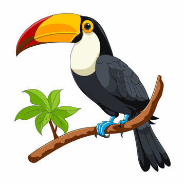 Vector art of a Cute toucan bird sitting on a branch cartoon-style vector icon illustration