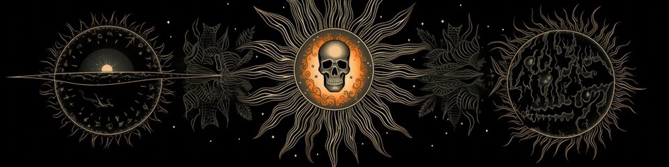 A black and gold illustration of a sun and moon