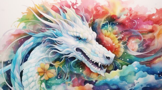 A watercolor painting of a white dragon
