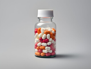 white orange and red pills and capsules in a glass bottle on a white background, medecine, colorful, healthcare, science and medecine to heal people, pharmacy, drugs