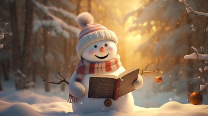 A snowman reading a book in the snow