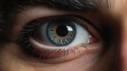 Fototapeta premium Close-up picture of a blue eye, focus on the iris, ophthalmologist, eyesight, macro shot, science of the human body, beautiful eye color
