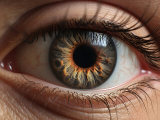 Fototapeta premium Close-up picture of a brown eye, focus on the iris, ophthalmologist, eyesight, macro shot, science of the human body, beautiful eye color