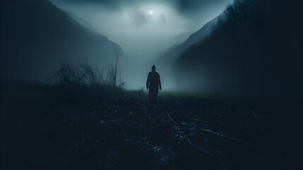 A Journey Through the Mist-Enshrouded Forest, A Solitary Trek through the Mist-Enshrouded Wilderness, silhouette of a person in the forest, A A Lone Figure Amidst the Foggy Mountains. Generative AI