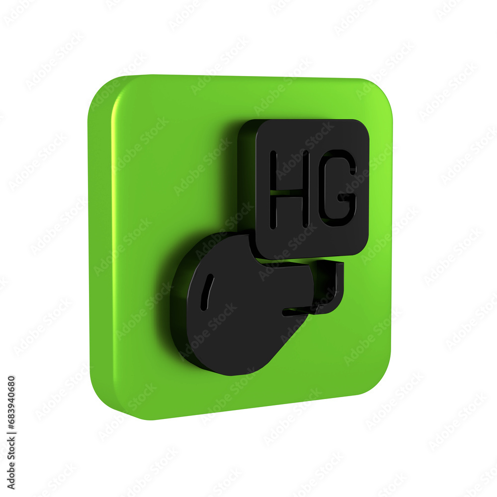 Aufkleber black drop of mercury icon isolated on transparent background. green square button.