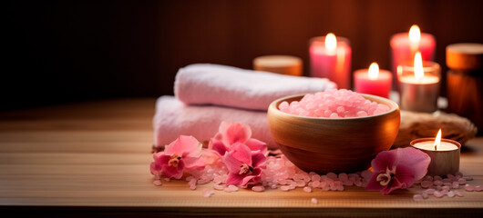 Fototapeta na wymiar Soothing spa environment with pink candles casting a gentle light