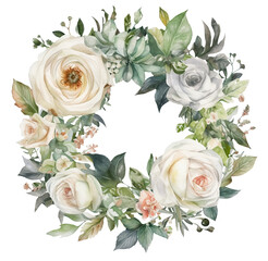 Watercolor illustration of white roses wreath. Ai generated. Transparent background, PNG