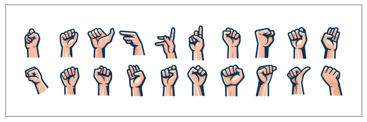 Set the design of hands, arm gestures, human hand orientation, and a flat set of fists on a blank background