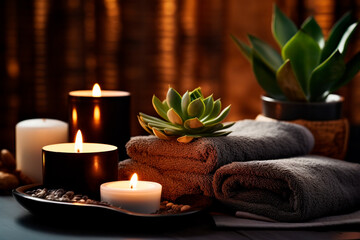 Fototapeta na wymiar A serene spa atmosphere with softly lit candles, rolled dark towels