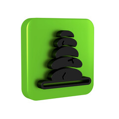 Black Stack hot stones icon isolated on transparent background. Spa salon accessory. Green square button.