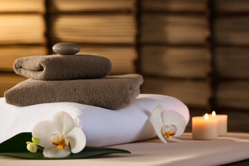 A serene spa atmosphere with softly lit candles, rolled white towels
