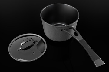 Stainless steel cooker with lid and chrome cookware on black background