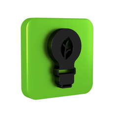 Black Light bulb with leaf icon isolated on transparent background. Eco energy concept. Alternative energy concept. Green square button.