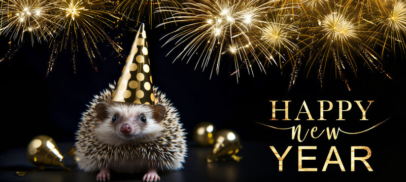 Happy new Year, Sylvester New Year's eve party, funny animals banner greeting card - Cute hedgehog with party hat outfit, bow tie and fireworks in the background at night