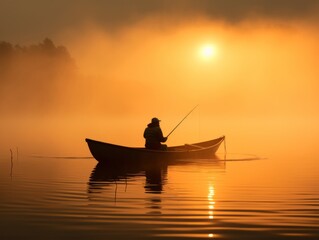 Mystical Morning: Lone Fisherman Harnessing Nature's Tranquility from a Canoe Generative AI