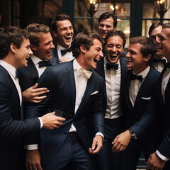 best man, groomsman and groom with their friends celebration men only - obrazy, fototapety, plakaty