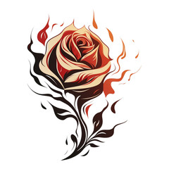A rose with fire attached to it, in the style of simple, colorful illustrations on a transparent background