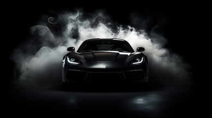 Black sports car on a black background in the center. Smoke and spotlights