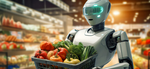 cyborg in supermarket, AI generated - obrazy, fototapety, plakaty