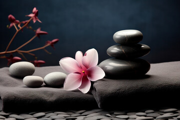 Zen garden featuring charcoal grey towels and a balanced pyramid of dark grey pebbles