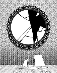 Broken round mirror with black retro decorative frame on the wall with old wallpaper. Vintage engraving stylized drawing. Vector Illustration