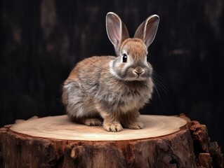 Obraz premium Enchanting Snapshot of a Petite Bunny Perched on a Rustic Stump: Nature's Artistry at Its Finest Generative AI
