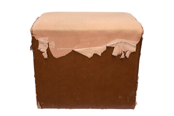 Leather fabric torn from a hall chair on a white background, isolated. The leather substitute hangs from the chair, the furniture is not of high quality
